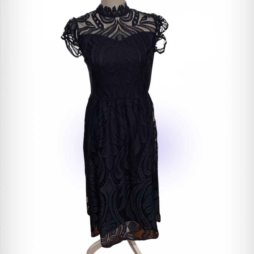 JJs House Navy Blue Lace Midi Dress with High Neck